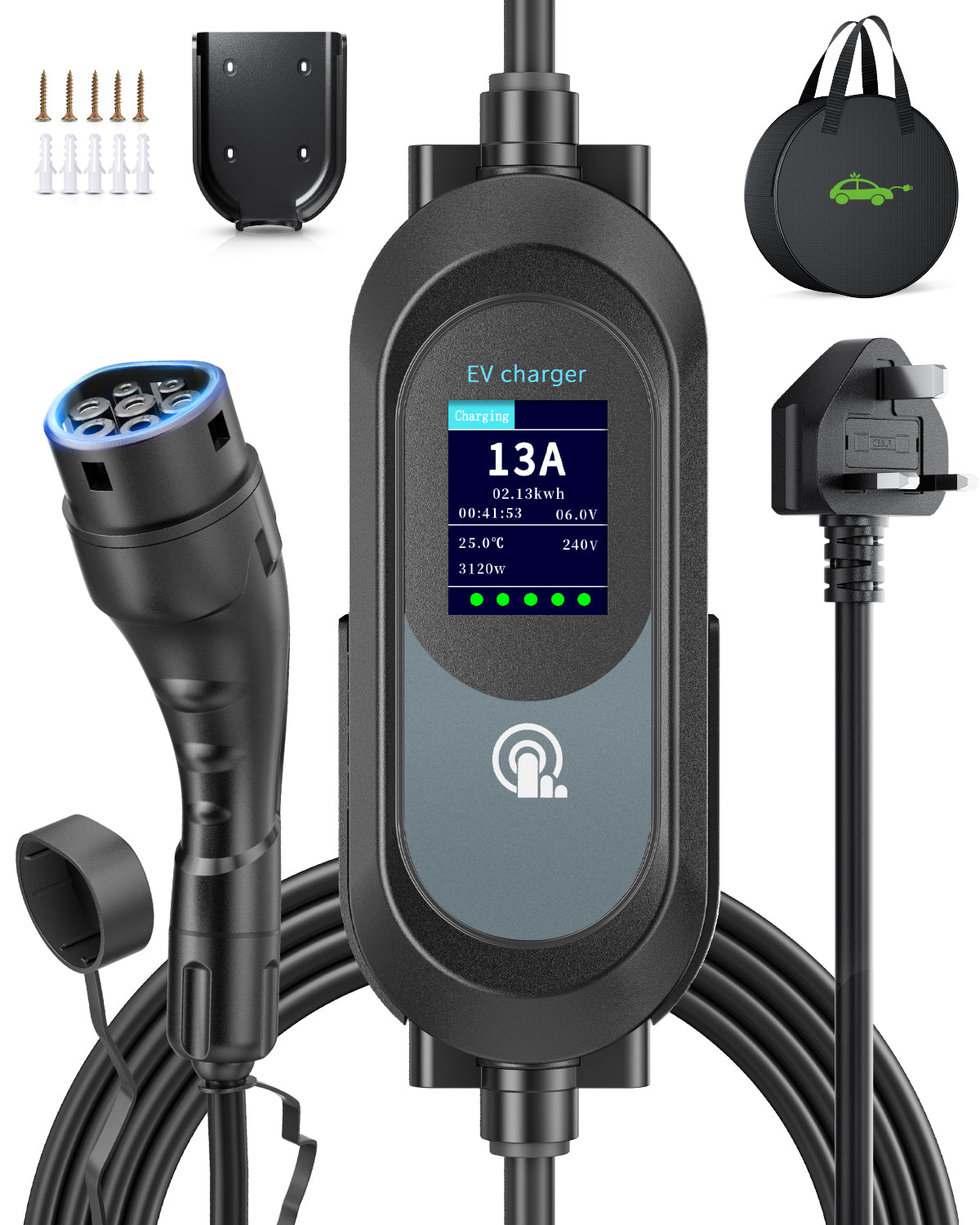 EVJUICION EV Charger Cable Type 2 to 3 Pin Plug, 3.3kW 6/8/10/13A Adjustable Type 2 Charging Cable, 12 Hours Delay Timer, with Bag & 2.4" Display for Type 2 EV & PHEV