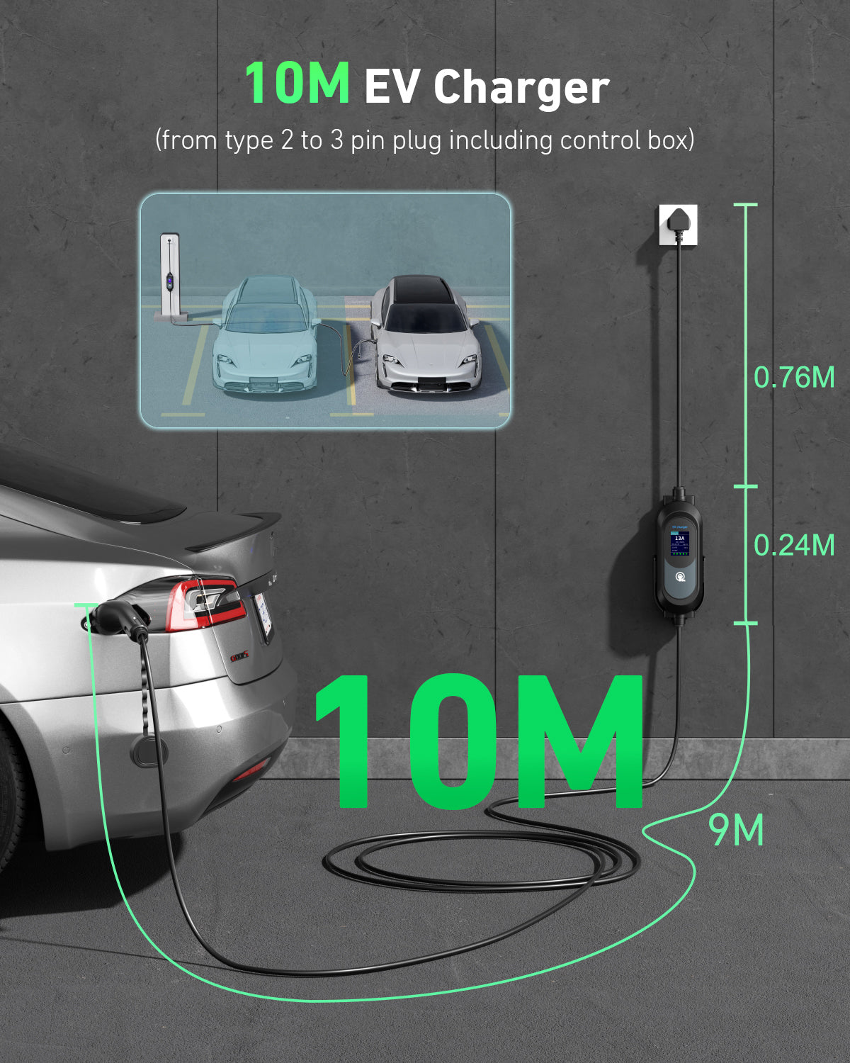 EVJUICION EV Charger Cable Type 2 to 3 Pin Plug, 3.3kW 6/8/10/13A Adjustable Type 2 Charging Cable, 12 Hours Delay Timer, with Bag & 2.4" Display for Type 2 EV & PHEV