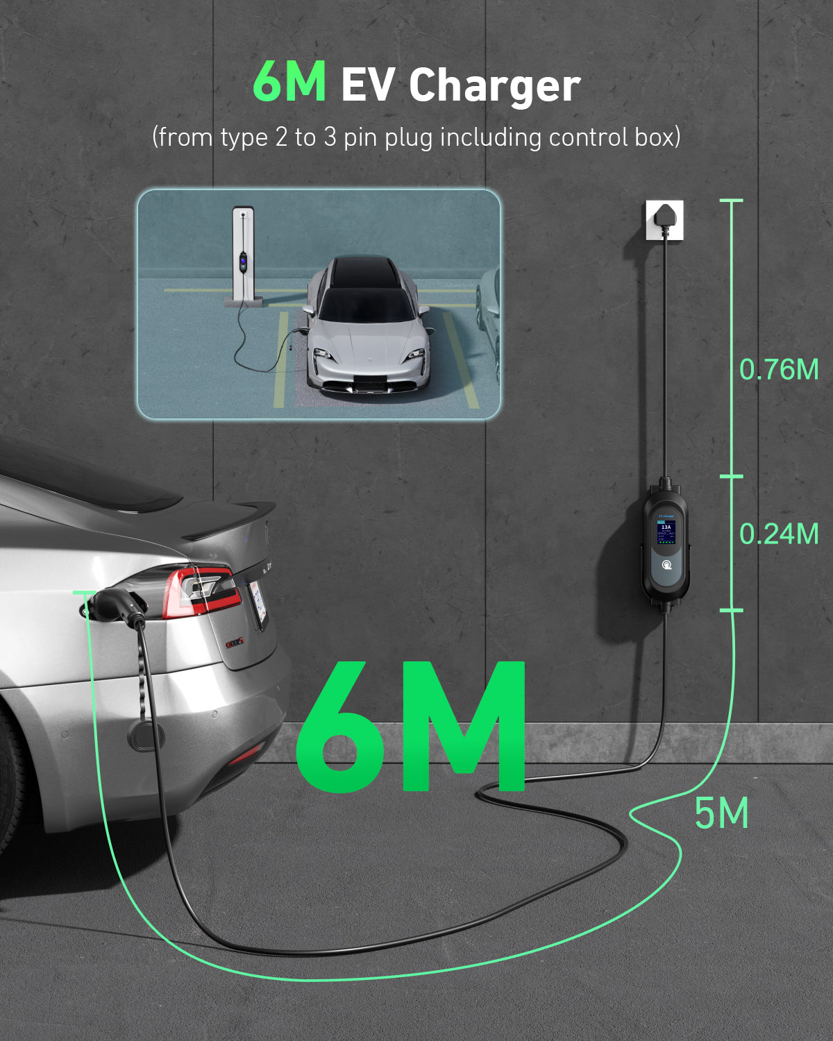 EVJUICION EV Charger Cable Type 2 to 3 Pin Plug, 3.3kW 6/8/10/13A Adjustable Type 2 Charging Cable, 12 Hours Delay Timer, with Bag & 2.4" Display for Type 2 EV & PHEV