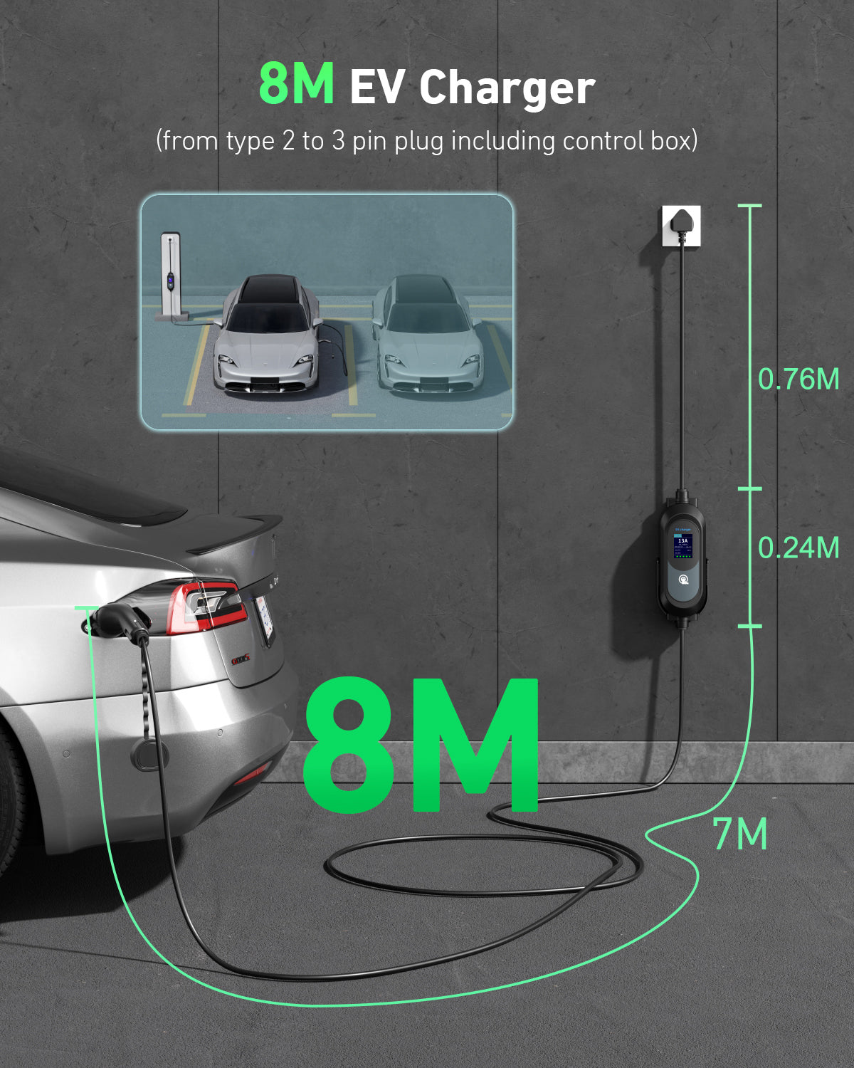 EVJUICION EV Charger Cable Type 2 to 3 Pin Plug, 3.3kW 6/8/10/13A Adjustable Type 2 Charging Cable, 12 Hours Delay Timer, with Bag & 2.4" Display for Type 2 EV & PHEV