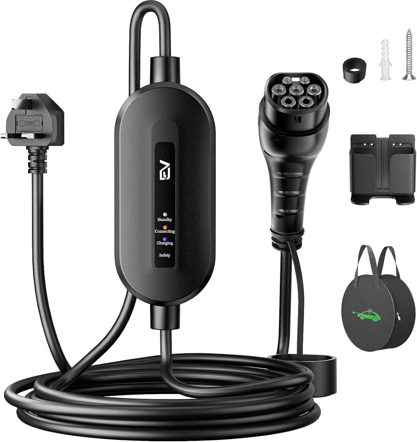 EVJUICION EV Charger Cable Type 2 to 3 Pin Plug with Holder, 10A Electric Car Charger Max. 2.3kW, IP67/IP65 Type 2 Charging Cable 3 Pin with Bag&Holder, for EVs and PHEVs