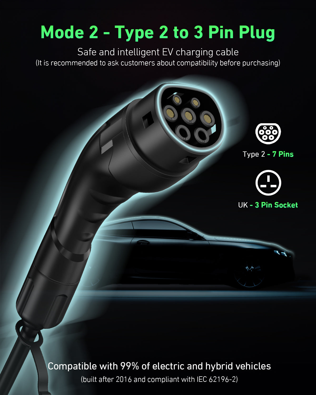 EVJUICION EV Charger Cable Type 2 to 3 Pin Plug, 3.3kW 6/8/10/13A Adjustable Type 2 Charging Cable, 12 Hours Delay Timer, with Bag & 2.4" Display for Type 2 EV & PHEV