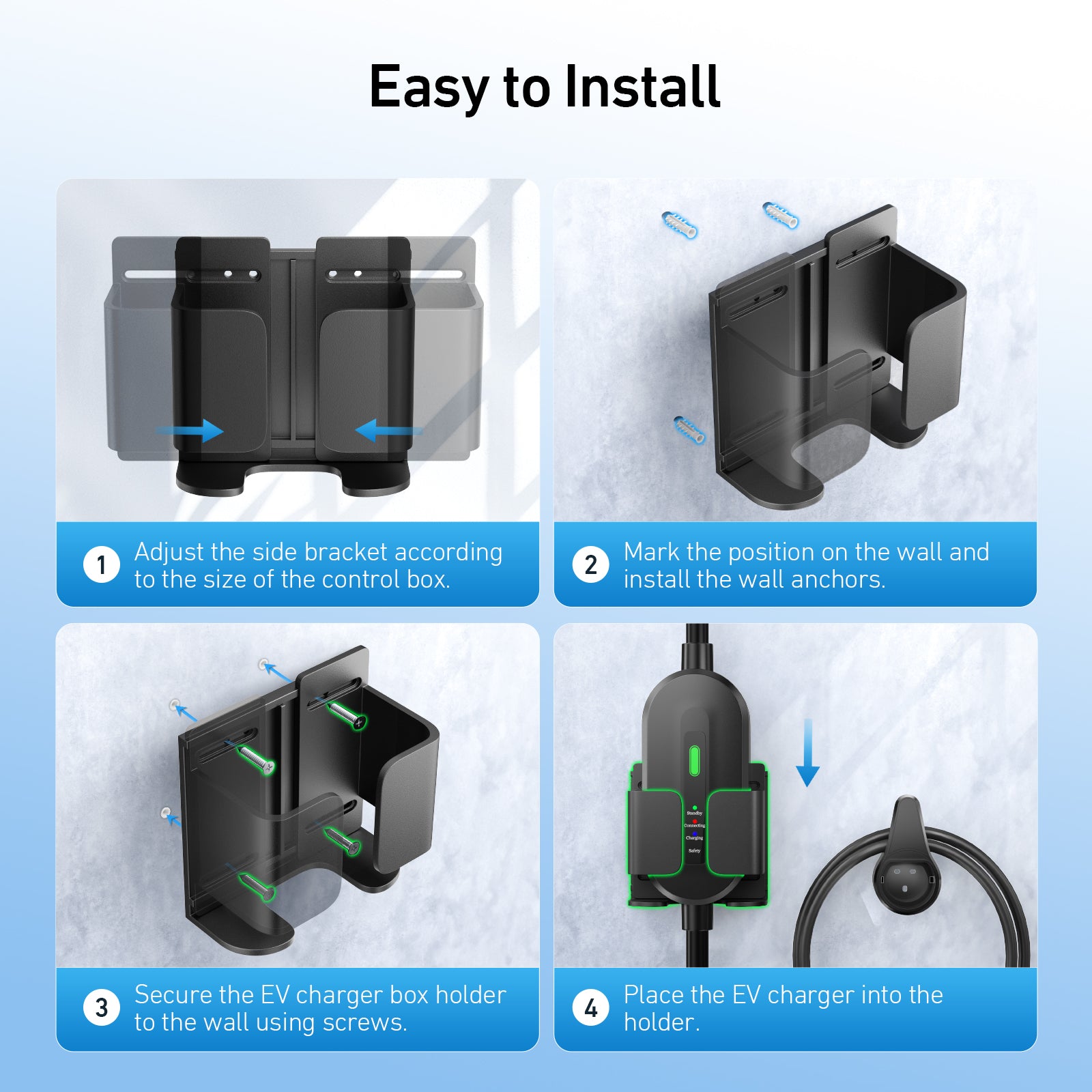 EVJUICION EV Charger Holder Adjustable, EV Charging Box Holder ABS, Wall Mount Bracket for Portable EV Charger Control Boxes