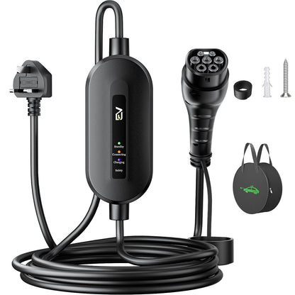 EVJUICION - EV Charger Type 2 to 3 Pin Plug 10A, Max. 2.3kW Type 2 Charging Cable 3 Pin IP67/IP65 with Carry Bag, for Type 2 EVs and PHEVs