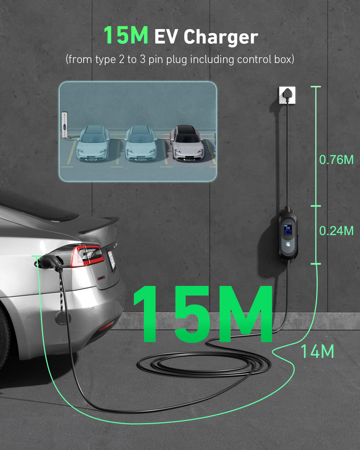 EVJUICION EV Charger Cable Type 2 to 3 Pin Plug, 3.3kW 6/8/10/13A Adjustable Type 2 Charging Cable, 12 Hours Delay Timer, with Bag & 2.4" Display for Type 2 EV & PHEV