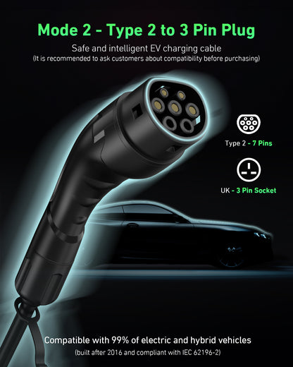 EVJUICION EV Charger Cable Type 2 to 3 Pin Plug, 3.3kW 6/8/10/13A Adjustable Type 2 Charging Cable, 12 Hours Delay Timer, with Bag & 2.4" Display for Type 2 EV & PHEV